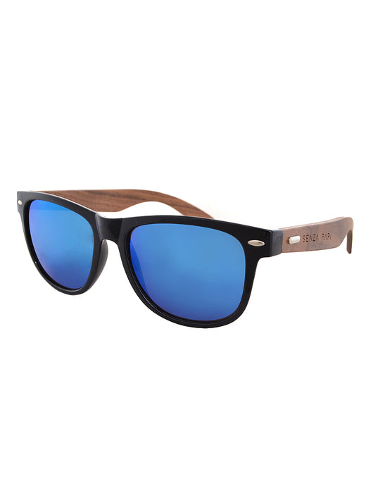 Handmade Walnut Wood Sunglasses with Blue Mirror lens